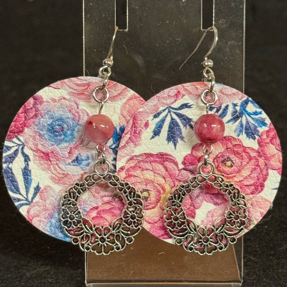 Floral Pink and Blue Faux Leather Earrings